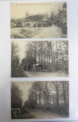 two old black and white photos of horses and people on a road