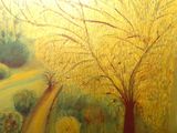 une peinture d'un arbre au milieu d'un champ
