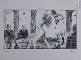 dessin représentant une femme nue assise sur un banc de parc, entourée de gens