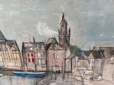 a painting of boats in a harbor with buildings in the background