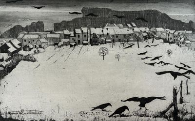 drawing of a black and white picture of a town with crows flying over it