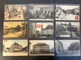 several old black and white photographs of people and cars in a town