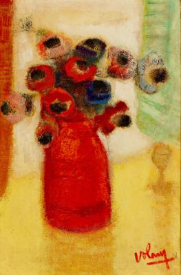un tableau représentant un vase rouge contenant des fleurs