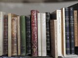 many books that are on a shelf in the room