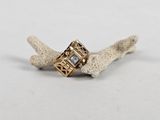 a close up of a gold ring with a diamond on top of a piece of coral
