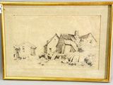 a drawing of a farm scene with a horse and a barn