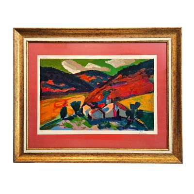 an image of a painting of a farm scene with a red sky