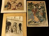 three antique japanese prints of women and men in traditional clothing