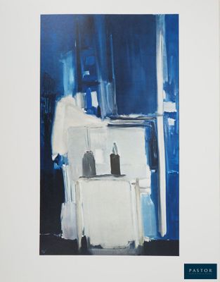 une photo d'un tableau représentant une cuisine bleue et blanche