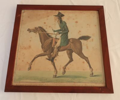 painting of a man riding a horse with a hat on