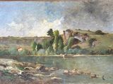 l'image d'une peinture représentant une rivière avec un château à l'arrière-plan