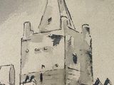 a drawing of a building with a clock tower on top of it