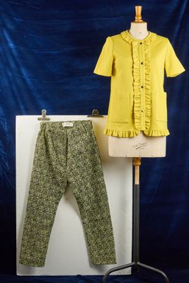 un mannequin portant une chemise jaune et un pantalon vert, sur fond bleu