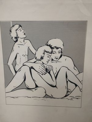 une image représentant un dessin en noir et blanc de deux femmes et d'un homme