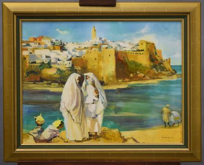 painting of a man and a woman standing on a beach next to a body of water with a castle in the background