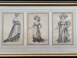 three framed drawings of women in dresses and hats