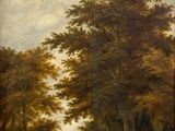 an image of a painting of people riding horses in a wooded area