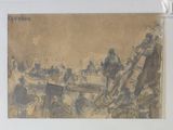 drawing of a group of men on horses in a field