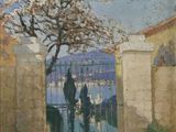 une image représentant un tableau montrant un portail avec un arbre en arrière-plan