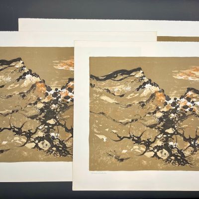 deux reproductions encadrées représentant une chaîne de montagnes avec des arbres au premier plan