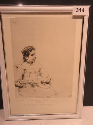 an old drawing of a young boy sitting on a table