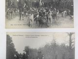 two old black and white photos of people on horses and dogs
