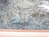 a painting of a bird sitting on a branch in the grass