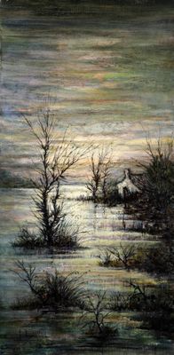 l'image d'une peinture représentant une rivière avec des arbres au premier plan