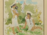 tableau représentant deux femmes assises dans l'herbe avec un cerf-volant