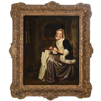 un vieux tableau représentant une femme assise sur une chaise avec un chat