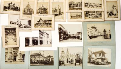 several old black and white photographs of buildings and a clock tower
