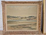 painting of a beach scene with a boat in the distance
