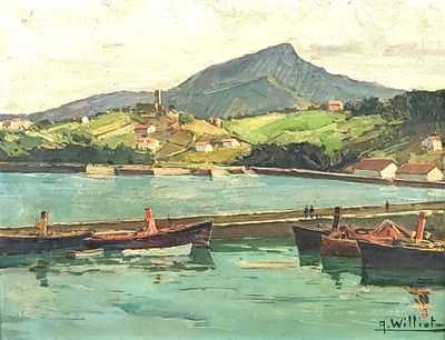 a painting of several boats in the water near a mountain