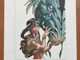 an art print of a woman holding a fish with her hand