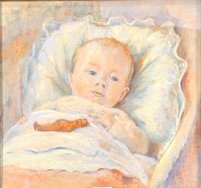 a painting of a baby in a bed with a hot dog in it