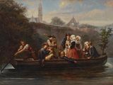 painting of a group of people in a boat on a river