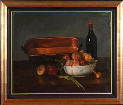 painting of a bowl of onions and a bottle of wine on a table