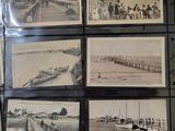 several black and white photographs of people on a bridge over a river