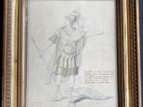 an old drawing of a man in armor holding a sword