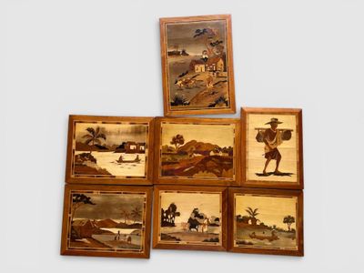 SUITE de 7 tableaux en marqueterie de bois - Photo 1