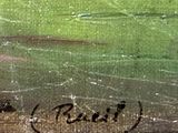 a painting of a bird sitting on the ground by the water