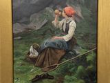 painting of a woman sitting on a rock with a basket of apples in her hand