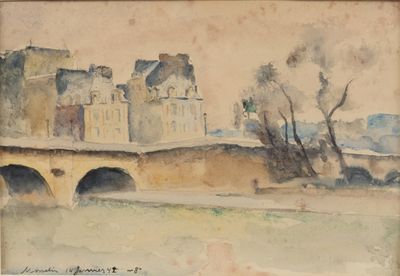 une image représentant un tableau d'un pont enjambant une rivière, avec un château en arrière-plan