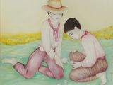 painting of two women sitting on the ground playing with a flower