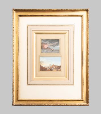 two framed paintings of a landscape with clouds and mountains
