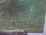 a close up of a painting of a man with a hat on