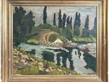 l'image d'une peinture représentant une rivière avec des arbres en arrière-plan
