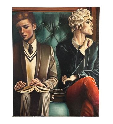 painting of a man and a woman sitting on a green couch