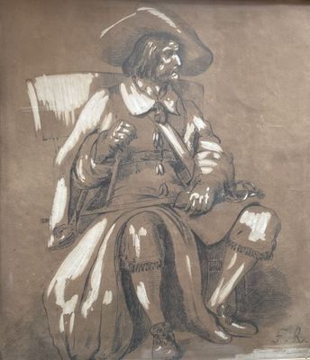 an old drawing of a man sitting in a chair with a hat on