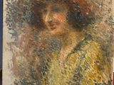 an oil painting of a woman with a curly hair in a yellow dress